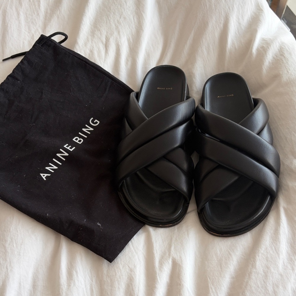 Anine Bing Black Padded Crisscross Slide Sandals - Picture 1 of 4